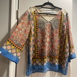 Valerie Stevens Beige Boho V-Neck Top XL Back Lace